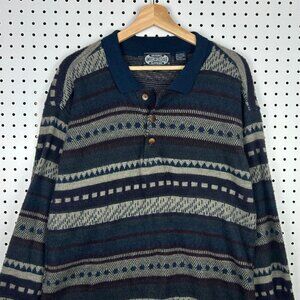 American Crusader Henley Knit Sweater‎ Medium Grandpa 90s Blue Brown Aztec SOFT
